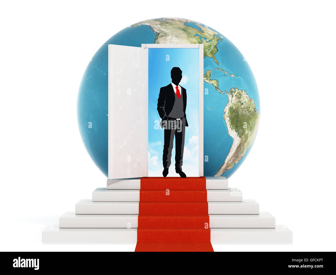 Geschäftsmann, stehen auf dem roten Teppich vor der offenen Tür. 3D Illustration. Stockfoto