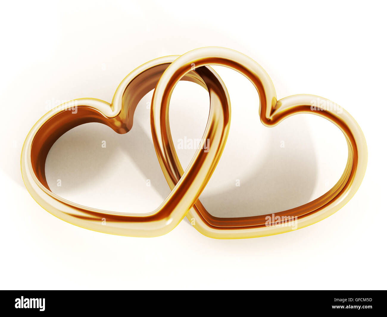 Goldenes Herz geformten Ringe miteinander verbunden. 3D Illustration. Stockfoto