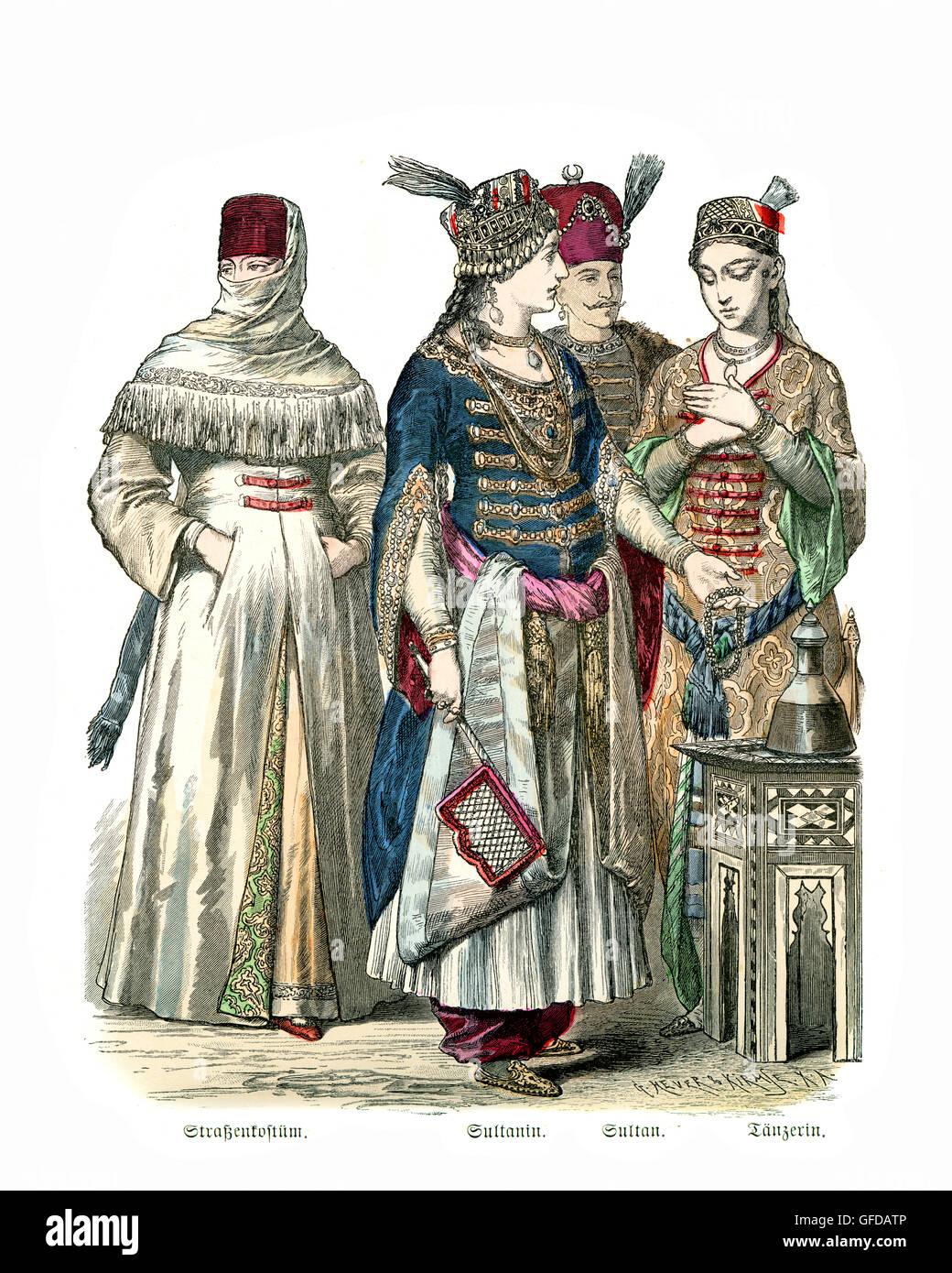 Mode der Osmanischen Türkei 17. und 18. Jahrhundert, Womens Street-Kostüme, Sultan und Tänzerin Stockfoto