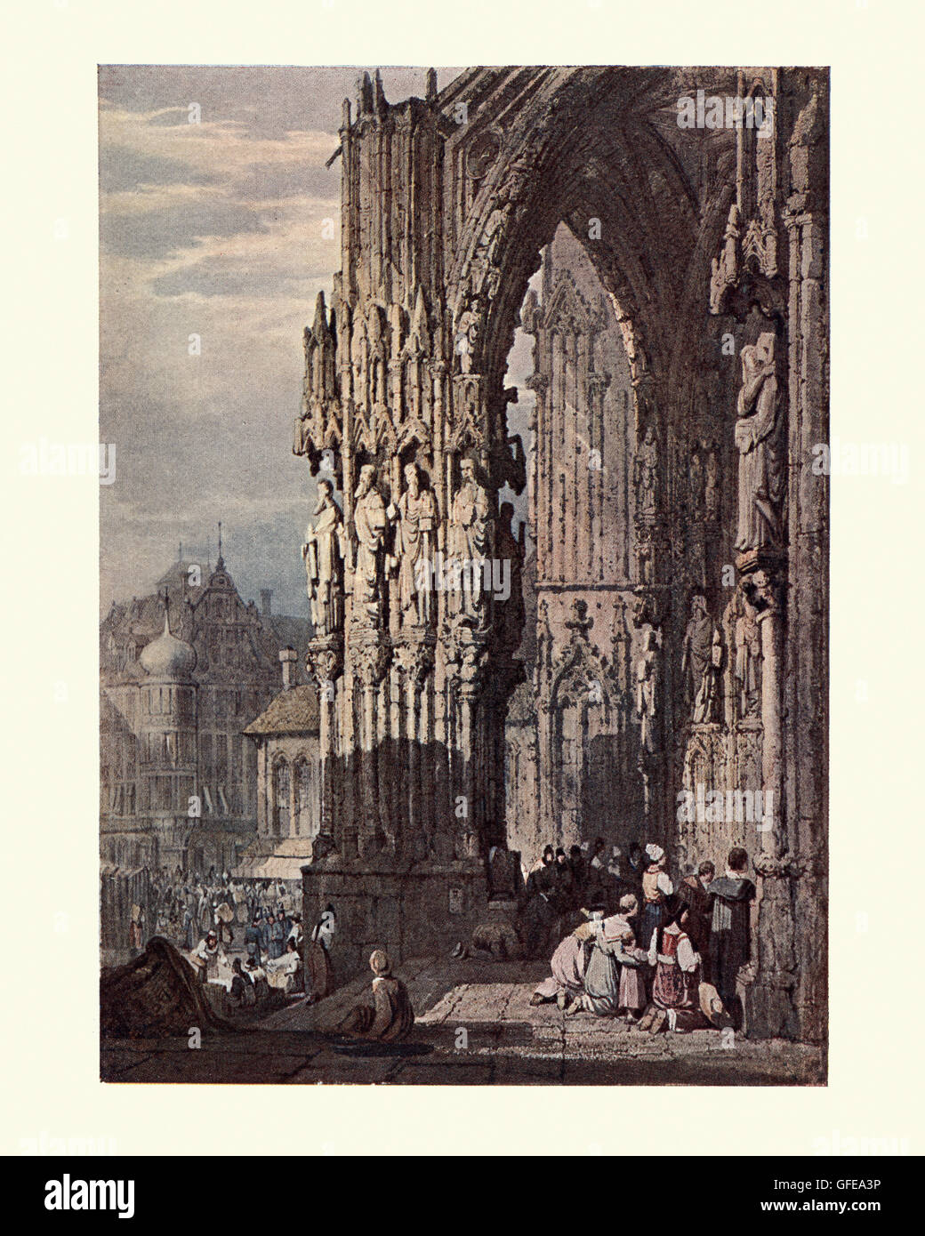 Portal des Regensburger Doms (Regensburg), nach dem Aquarell von Samuel Prout. Ein Paradebeispiel der Gotik in Bayern. Stockfoto