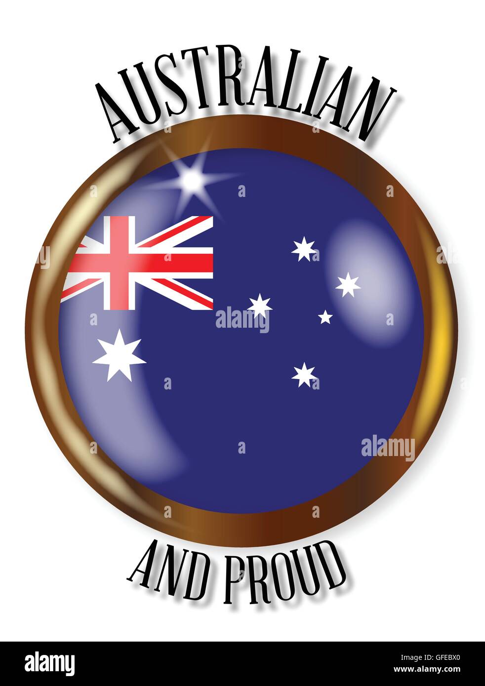 Australien Flagge drücken mit einem gold Metall kreisförmigen Rahmen über einen weißen Hintergrund mit dem Text Australier und stolz Stock Vektor