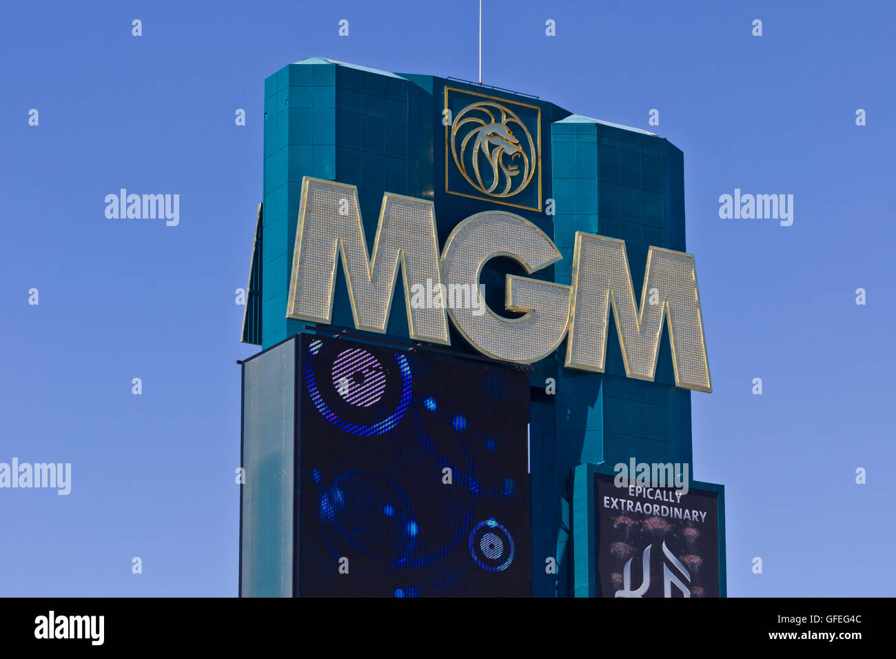 Las Vegas - ca. Juli 2016: Beschilderung des MGM Grand Hotels. Diese Eigenschaft ist eine Tochtergesellschaft von MGM Resorts International ich Stockfoto