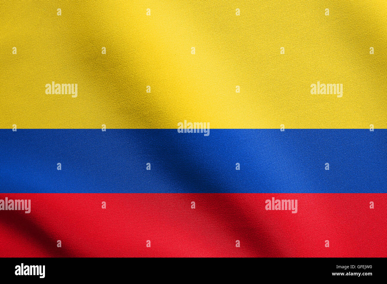 Flagge von Kolumbien winken in den Wind mit detaillierten Stoff. Kolumbianische Nationalflagge. Stockfoto