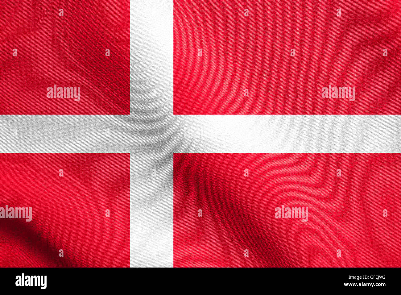 Flagge von Dänemark winken in den Wind mit detaillierten Stoff. Dänische Nationalflagge. Stockfoto