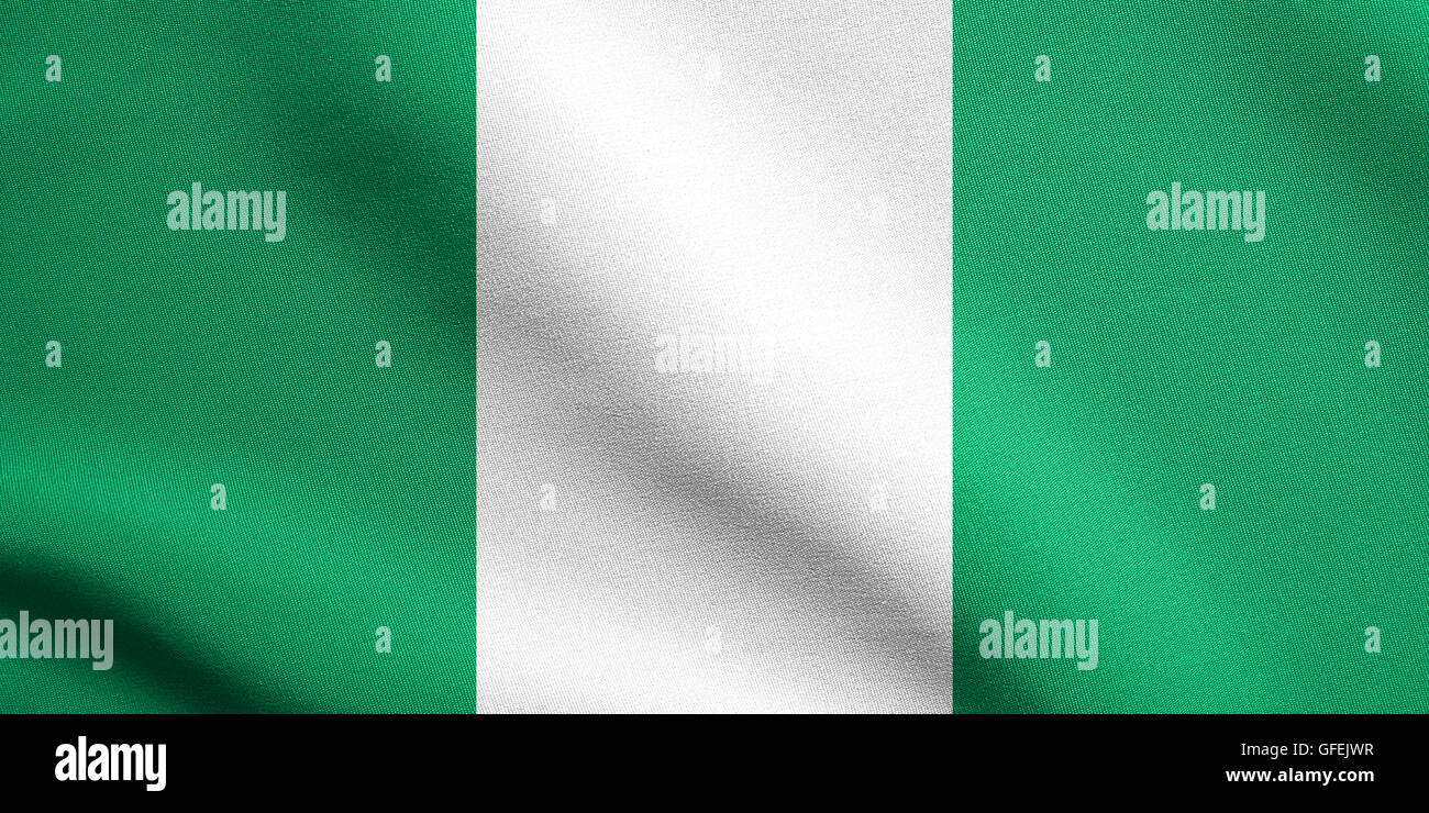 Flagge von Nigeria winken in den Wind mit detaillierten Stoff. Nigerianische Nationalflagge. Stockfoto