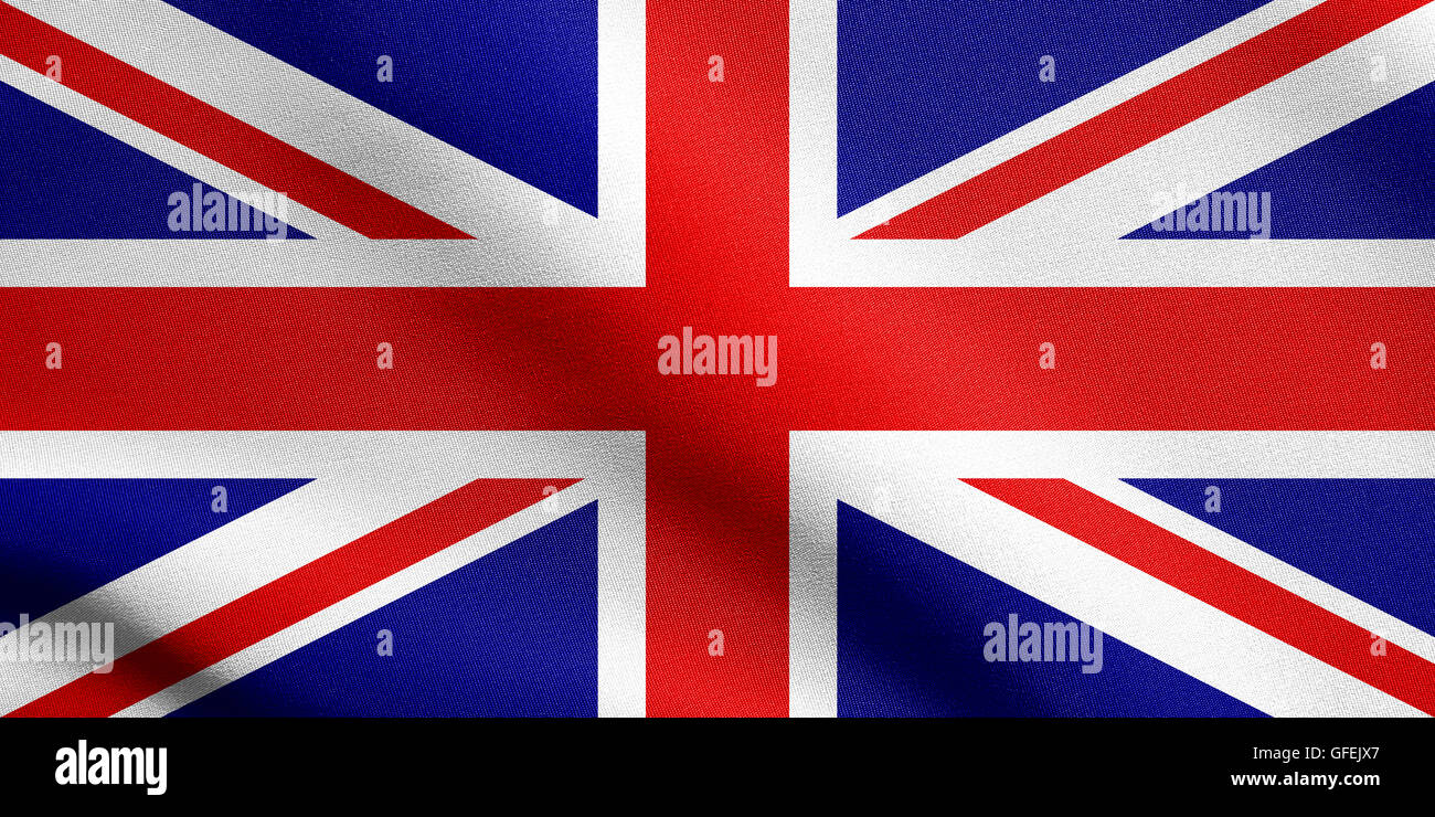 Flagge des Vereinigten Königreichs wogenden im Wind mit detaillierten Stoff. Britische Nationalflagge. Stockfoto