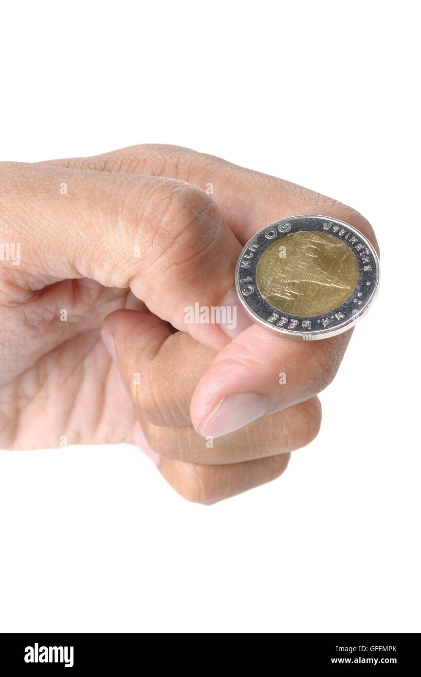 Mann bereit, Thai 10 Baht Münze auf weißem Hintergrund Stockfoto