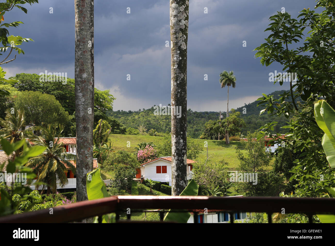 Blick aus dem Speisesaal des El Romero, ein vegetarisches Restaurant in der Öko-Dorf, Las Terrazas, Kuba. Stockfoto