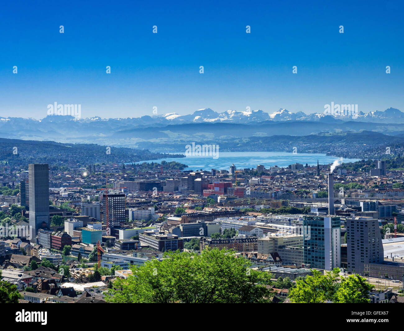 Blick auf Zürich und Zürichsee und die Alpen, die Schweiz, Europa Stockfoto