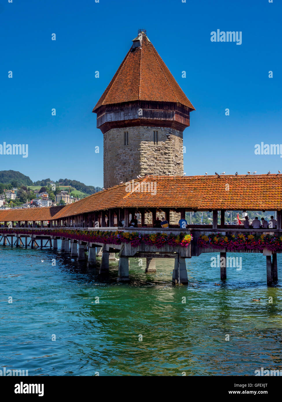 Kapellbrücke und Wasserturm in Luzern, Schweiz, Europa Stockfoto