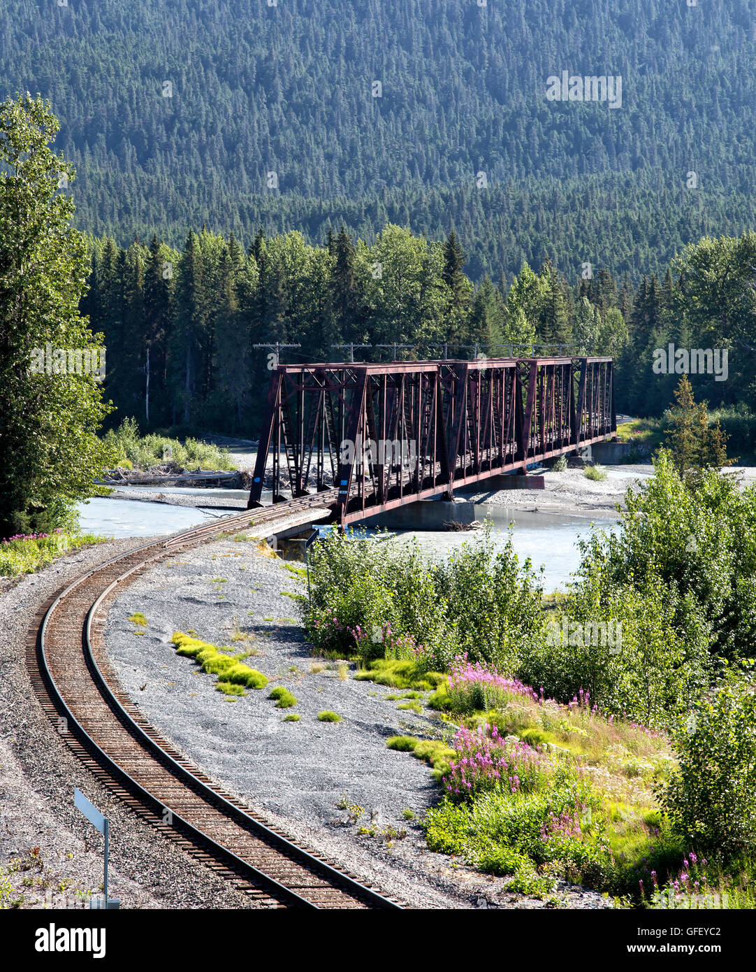 Railroad Trestle Kreuzung Gletscher genährt Schnee Fluss, schwarz-Fichten-Wald. Stockfoto