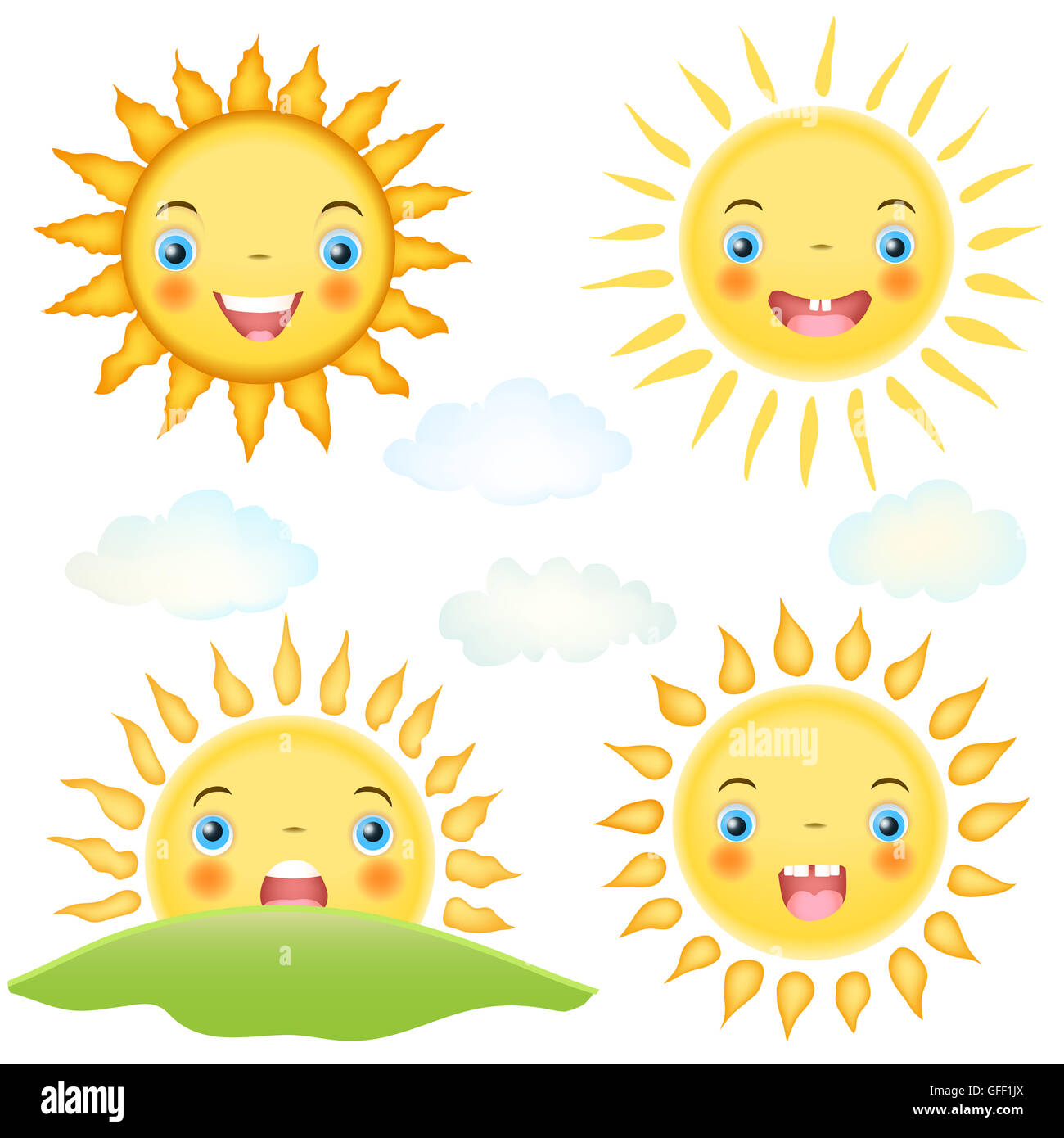 Satz von Zeichentrickfigur Sonne und Wolken auf weiß. Smiley-Gesichter für Kinder Thema Illustrationen Stockfoto