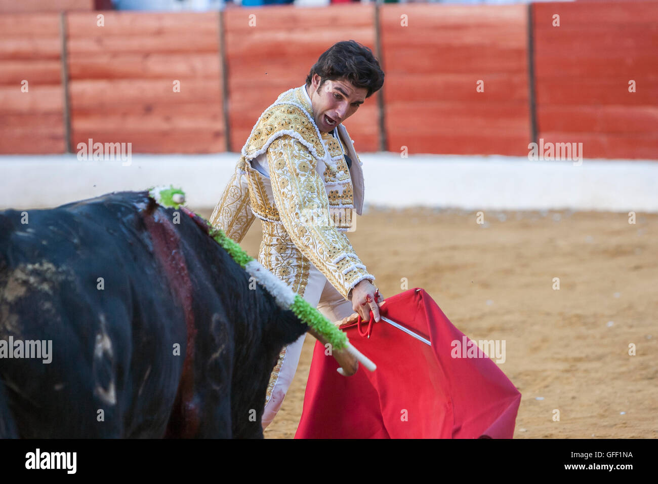 Der spanische Stierkämpfer Cayetano Rivera Stierkampf mit der Krücke in der Stierkampfarena von Sabiote, Spanien Stockfoto