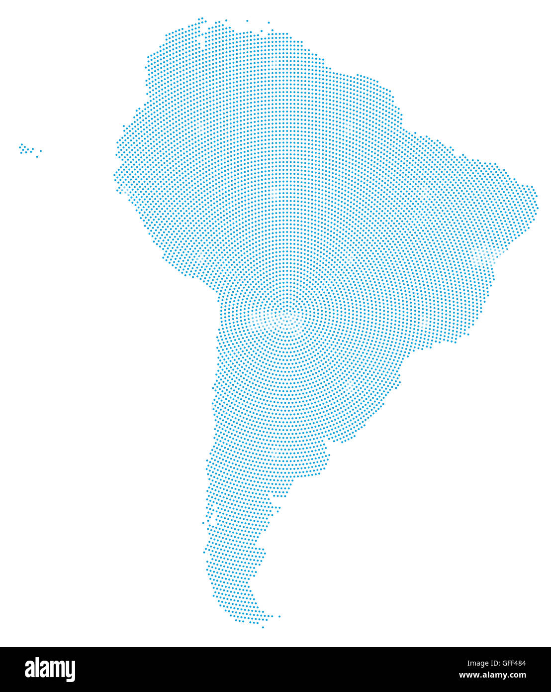 Südamerika-Karte radial Punktmuster. Blaue Punkte gehen von der Mitte nach außen und bilden die Silhouette des Kontinents. Stockfoto