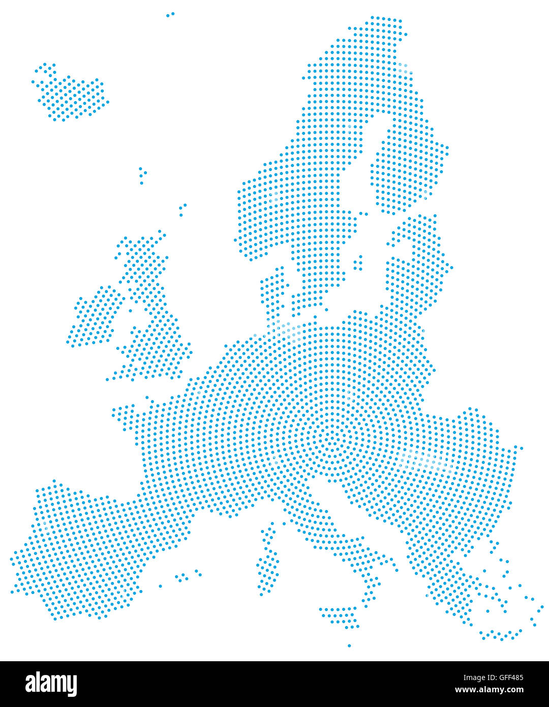 Europa Karte radial Punktmuster. Blaue Punkte gehen von der Mitte nach außen und bilden die Silhouette des Gebiets der Europäischen Union. Stockfoto