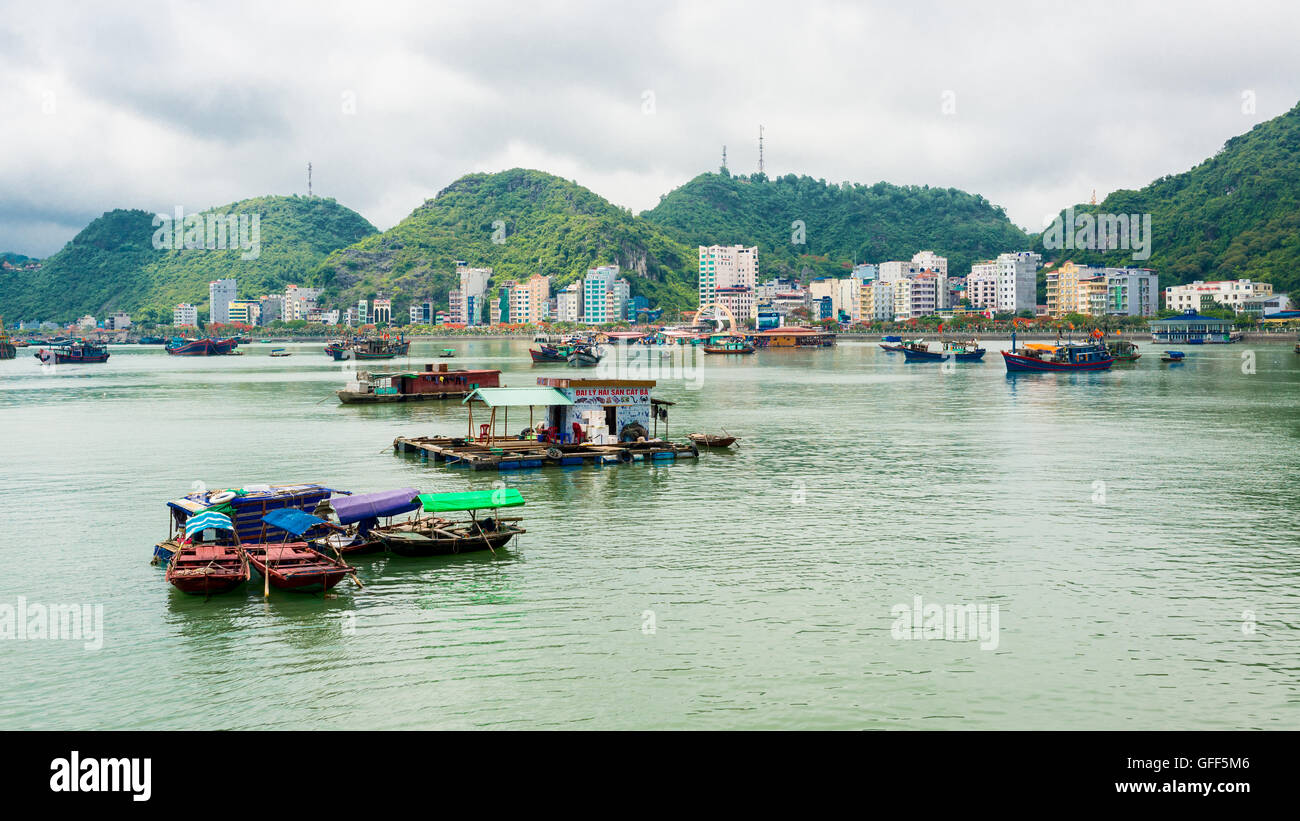 Blick auf Cat ba Bucht mit Fischerbooten und schwimmende Restaurants und Cat Ba Stadt im Hintergrund Stockfoto