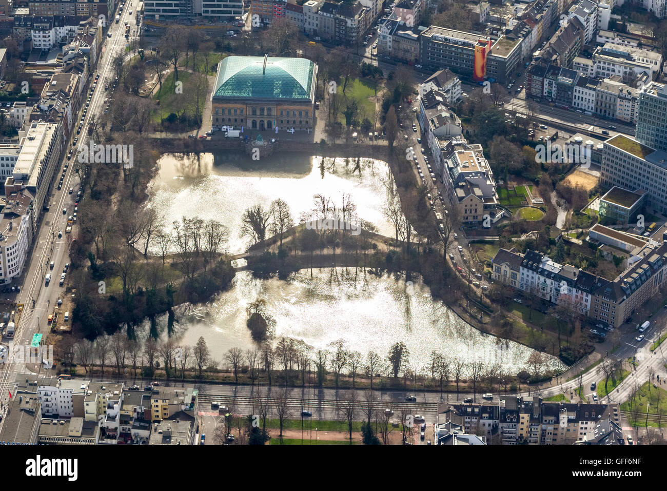 Luftaufnahme, K21, Stände Haus Schwanenspiegel Kaiser Teich, Ständehaus Schwanenspiegel Kaiserteich, Düsseldorf, Rheinland, Stockfoto