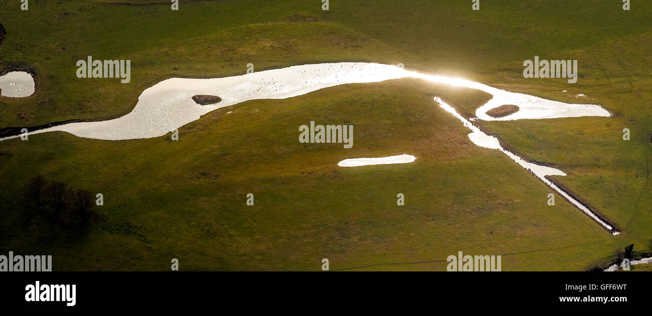 Luftaufnahme, Lippe, Lippemäander hinterleuchtet, Backwaters von der Lippe, goldenen Licht, Lippestr., Ruhrgebiet, Nordrhein-Westfalen, Stockfoto