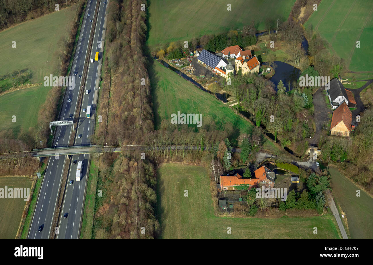 Luftaufnahme, Zielgerade zur Autobahn A1, vierspurige A1 vor dem geplanten Ausbau zwischen Kamener Kreuz Autobahn Stockfoto
