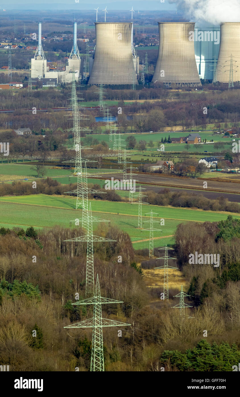 Luftbild, RWE Power Anlage Landweg Hochspannungsleitung, Übertragungsleitung, vor der Kohle-Kraftwerk erneuert, Stockfoto
