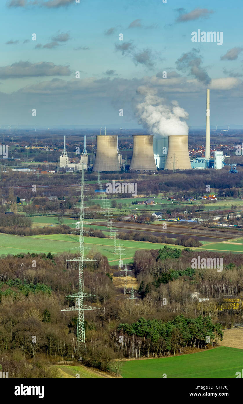 Luftbild, RWE Power Anlage Landweg Hochspannungsleitung, Übertragungsleitung, vor der Kohle-Kraftwerk erneuert, Stockfoto
