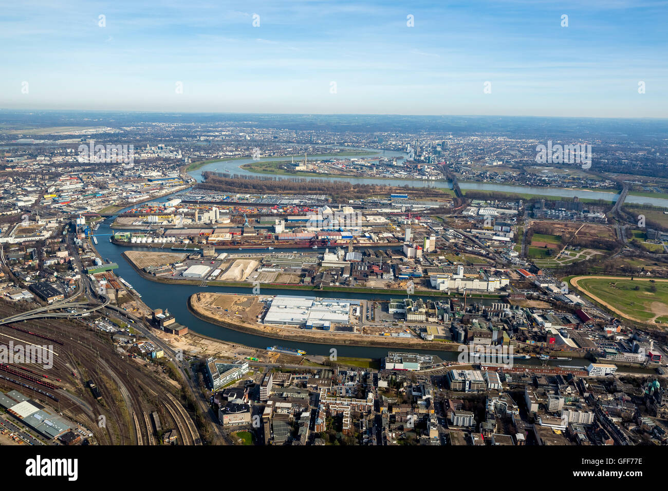 Luftaufnahme, Stadt Hafen Neuss, Neuss Hafen, Rhein, Neuss, Rheinland, Nord Rhein Westfalen ...
