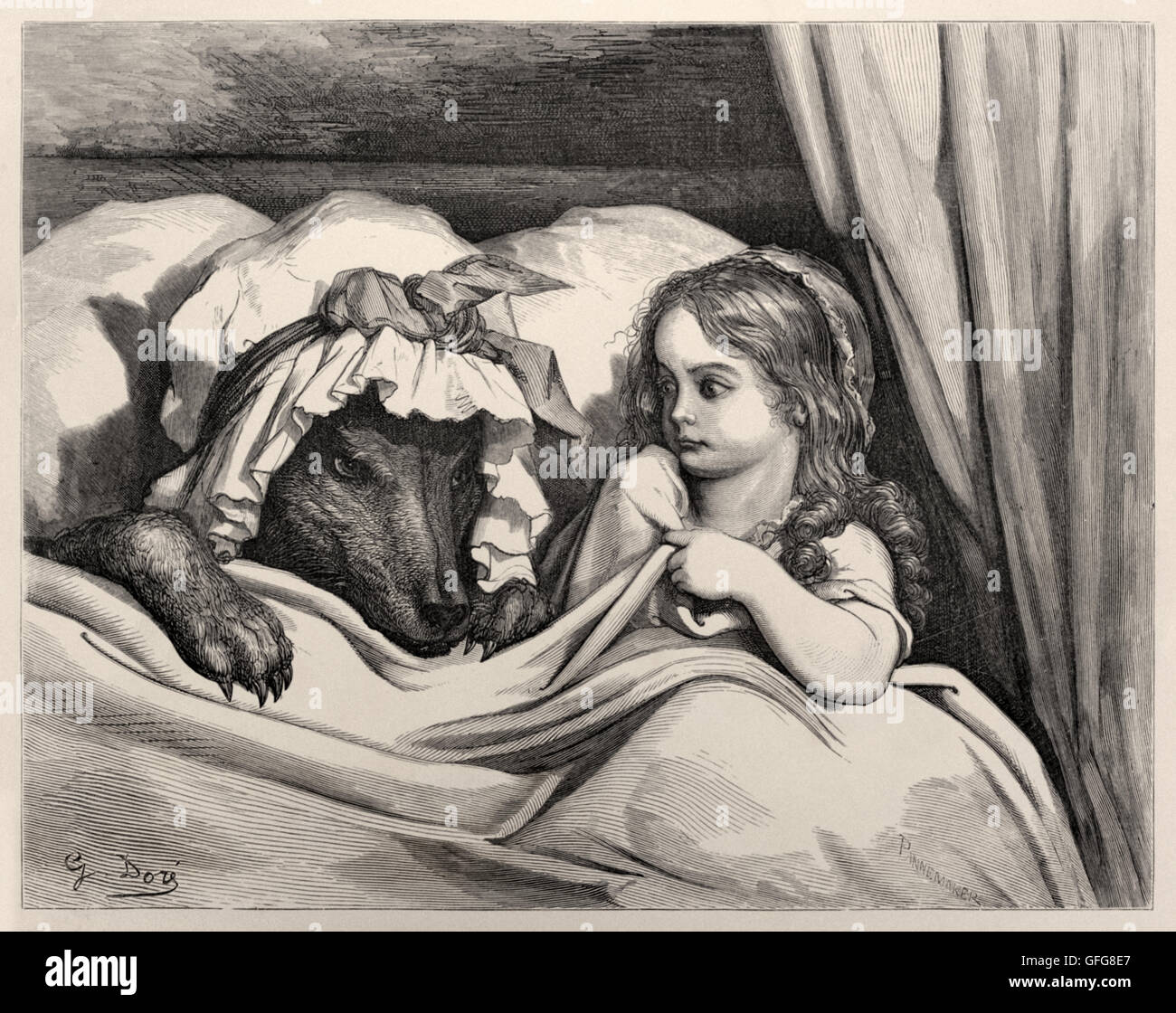 "" Oh, Oma, Ihre Zähne sind enorm groß! " "sie sind, Sie zu essen!" – und er aß ihr! "von"Little Red Riding Hood"von Paul Gustave Doré (1832-1883). Stockfoto