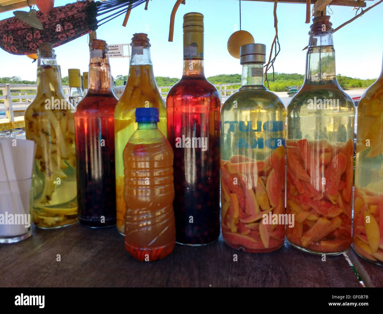 Flaschen gefüllt mit hausgemachter mit Zuckerrohr Schnaps namens Cachaça destillate Stockfoto
