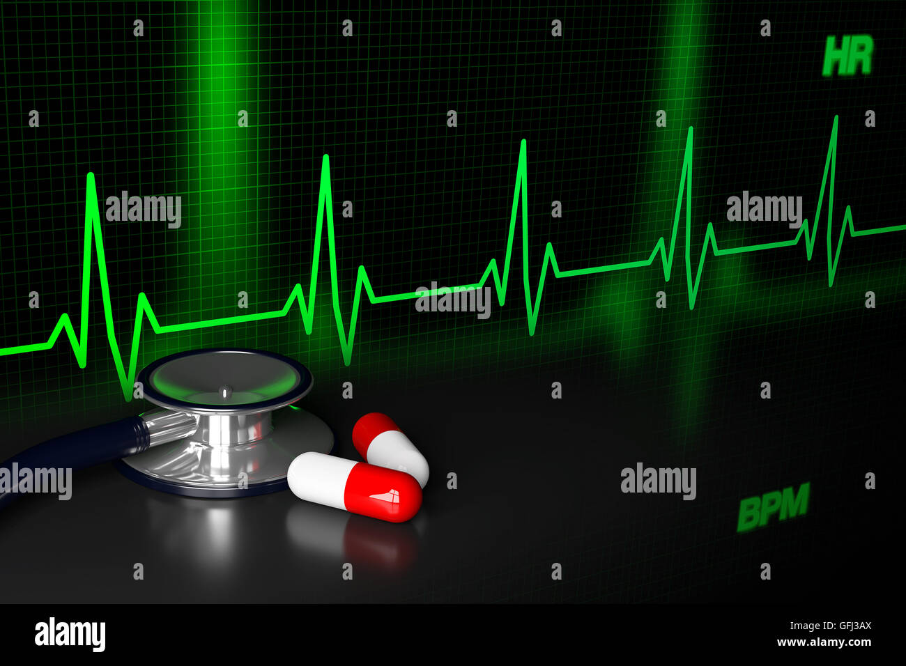 3D-Rendering Stethoskop und Pille Kapsel. Stockfoto
