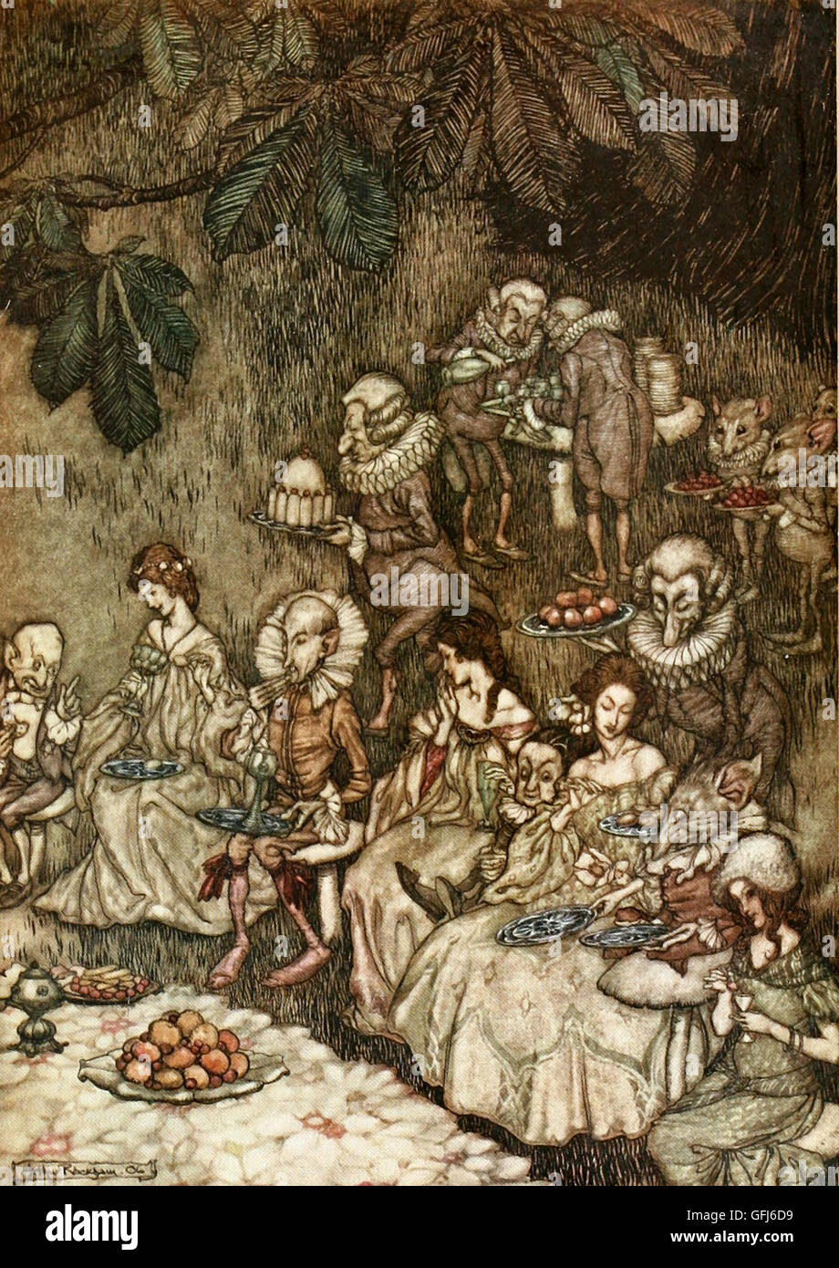 Die Feen sitzen Runde auf Pilze, und am Anfang sind sie gut erzogen. Szene aus Peter Pan Stockfoto