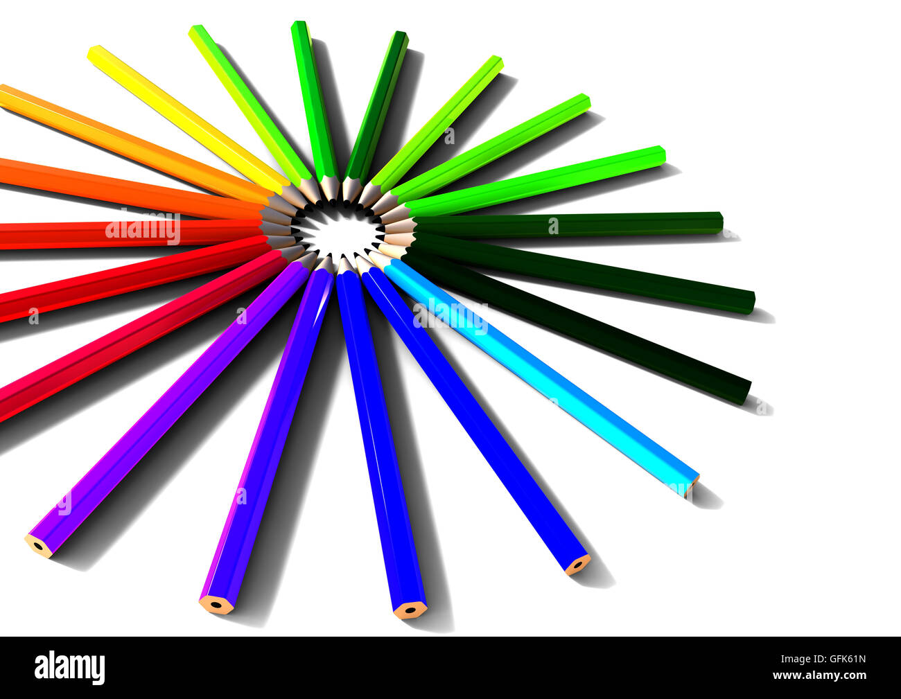 3D Render-Bild, das einen Kreis von Farbstiften darstellt Stockfoto