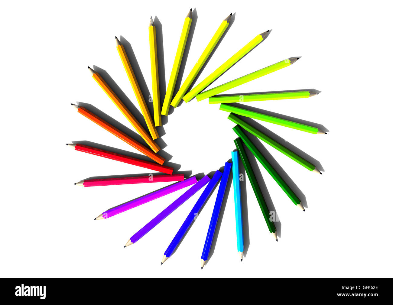3D Render-Bild, das einen Kreis aus farbigen Buntstiften darstellt Stockfoto