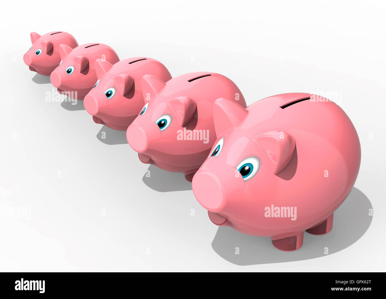 3D render Bild vertreten einige Sparschweine in einer Reihe angeordnet Stockfoto