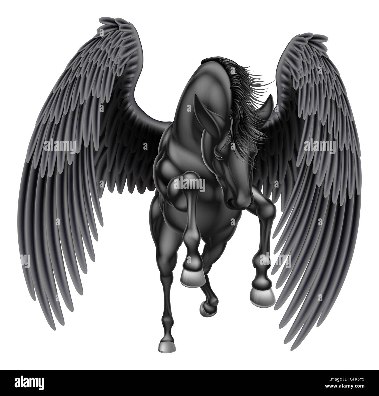 Ein Beispiel für einen schwarzen Pegasus mythologischen geflügelte Pferd Aufzucht auf seinen Hinterbeinen laufen oder springen von vorne gesehen Stockfoto