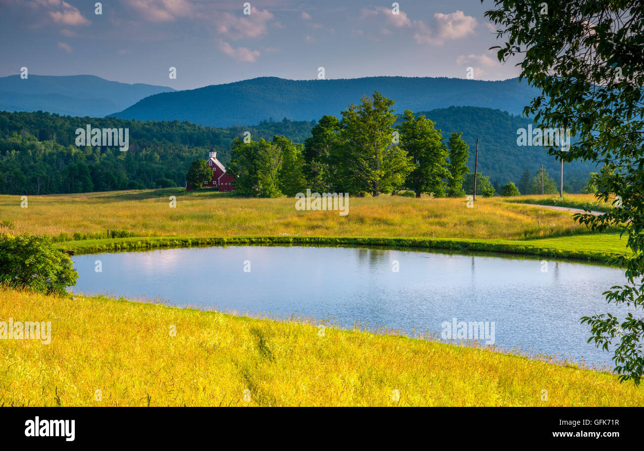 Buntes Bild der VT grünen Bergen mit Teich im Vordergrund und Scheune im Hintergrund, Rochester, Vermont, Weg von RT. 100 Stockfoto