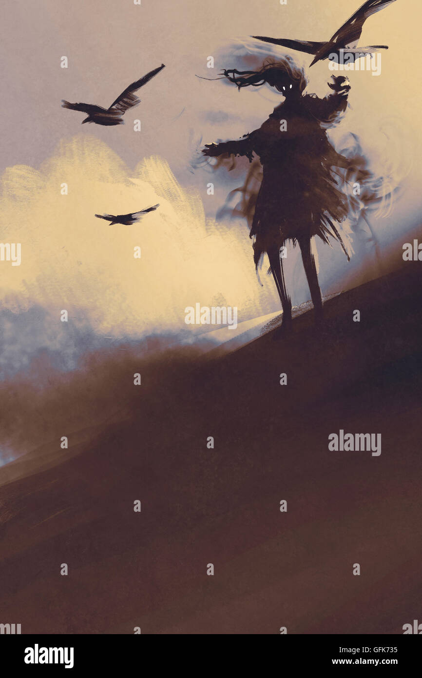 Gespenst mit fliegenden Krähen in der Wüste, Illustration, digitale Malerei Stockfoto