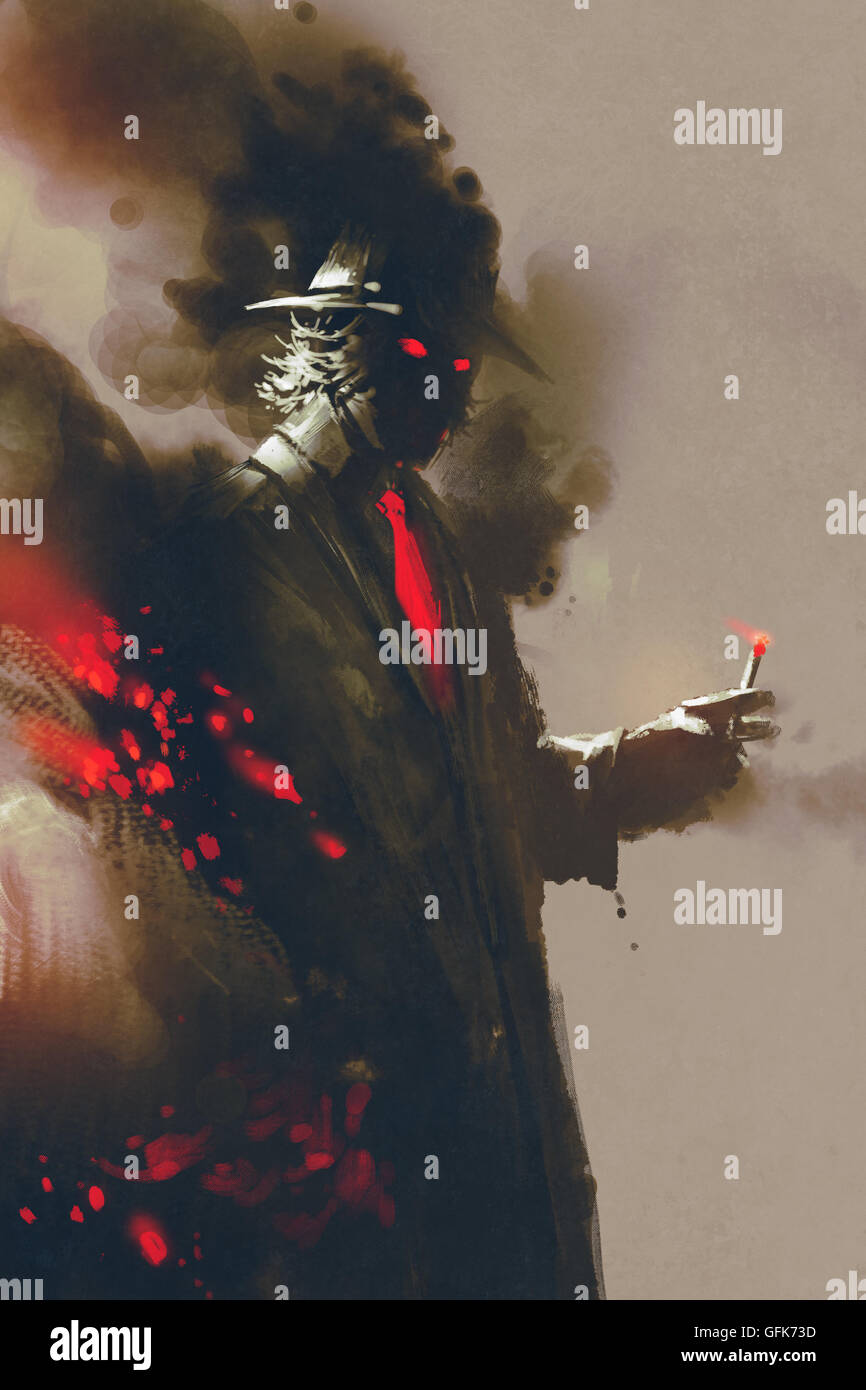 Geheimnisvoller Mann mit Hut hält eine Zigarette, Illustration, digitale Malerei Stockfoto