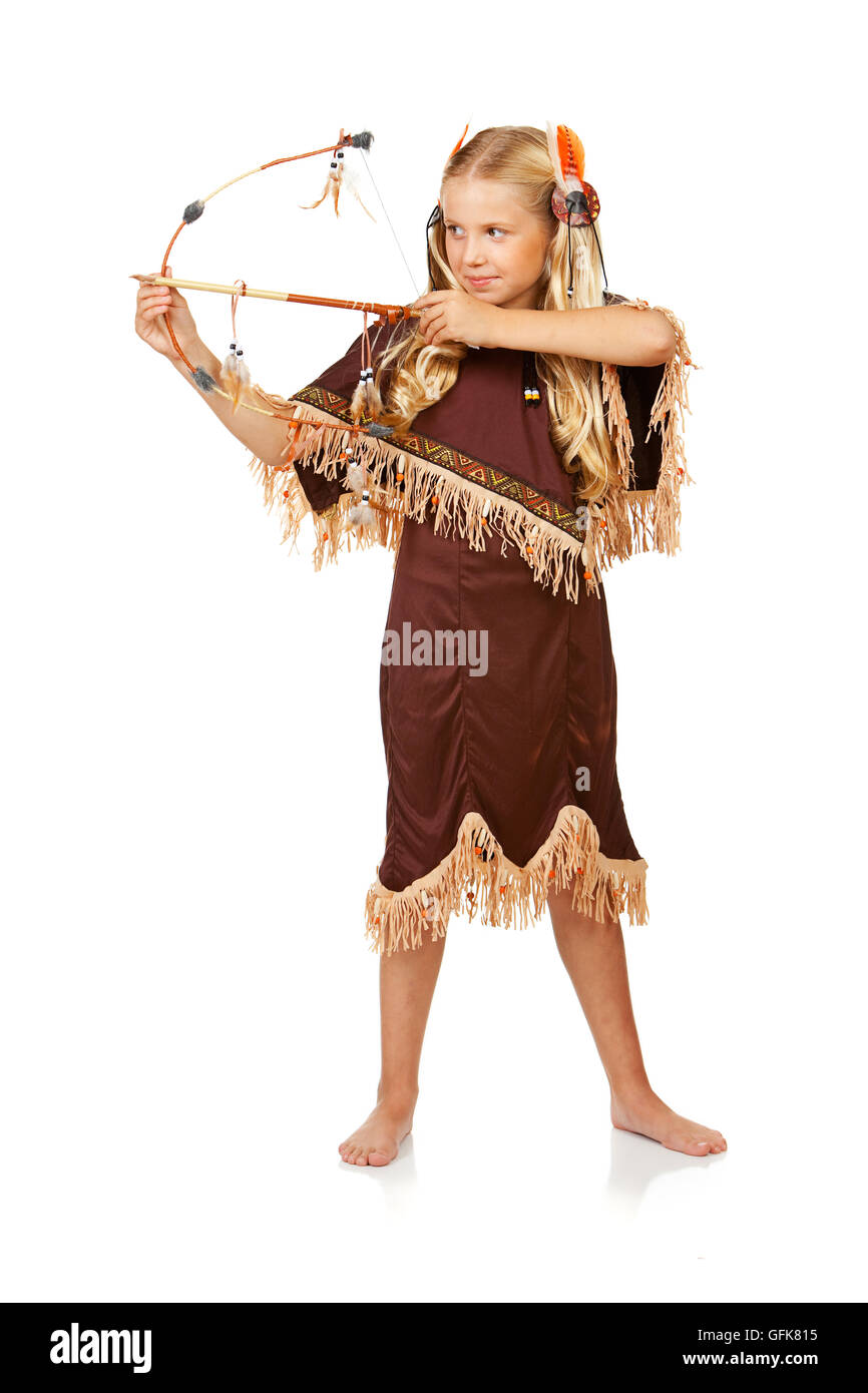 Serie mit Kinder in Tracht gekleidet, dem amerikanischen Thanksgiving-Feiertag zu feiern.  Junge als Pigrim, Mädchen als Indianer. Stockfoto