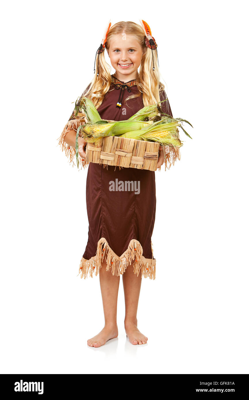 Serie mit Kinder in Tracht gekleidet, dem amerikanischen Thanksgiving-Feiertag zu feiern.  Junge als Pigrim, Mädchen als Indianer. Stockfoto