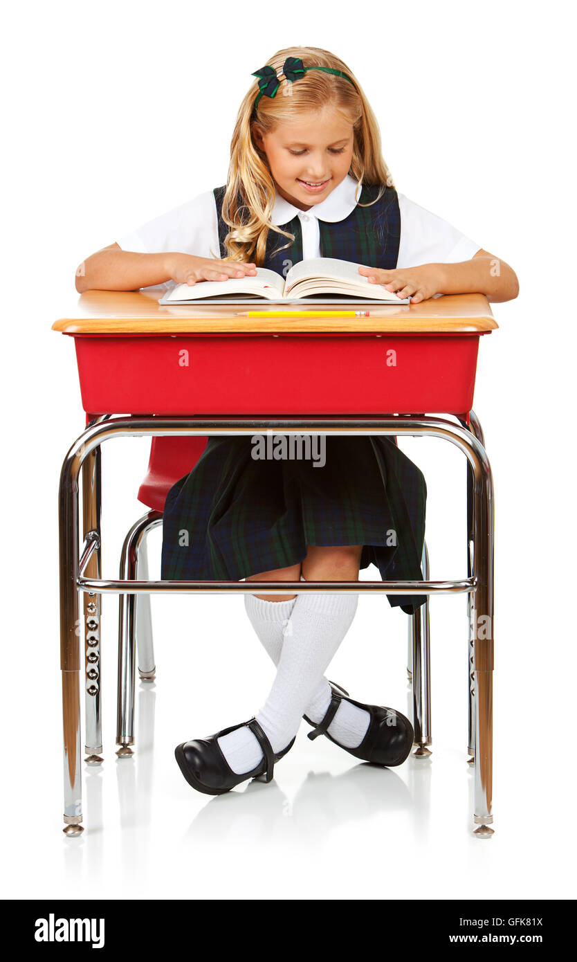 Isoliert auf weiße Serie eines Kindes im Student einheitliche Kleidung. Stockfoto