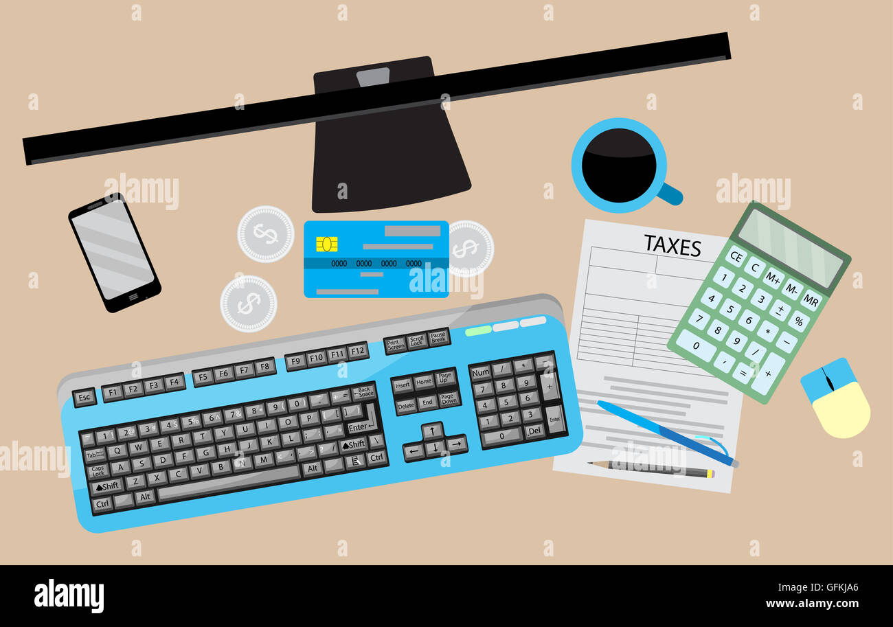 Zählen steuern. Steuerberater Arbeitsplatz mit Geld und Steuern Form, Taschenrechner und Kreditkarte. Vektor-illustration Stockfoto