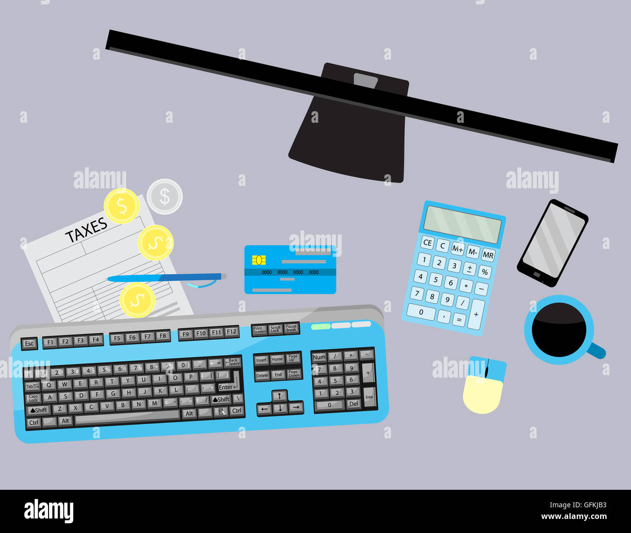 Tag der Zahlung der Steuer. Arbeitsbereich mit Kaffee und Taschenrechner, Steuererklärungen und Geld. Vektor-illustration Stockfoto