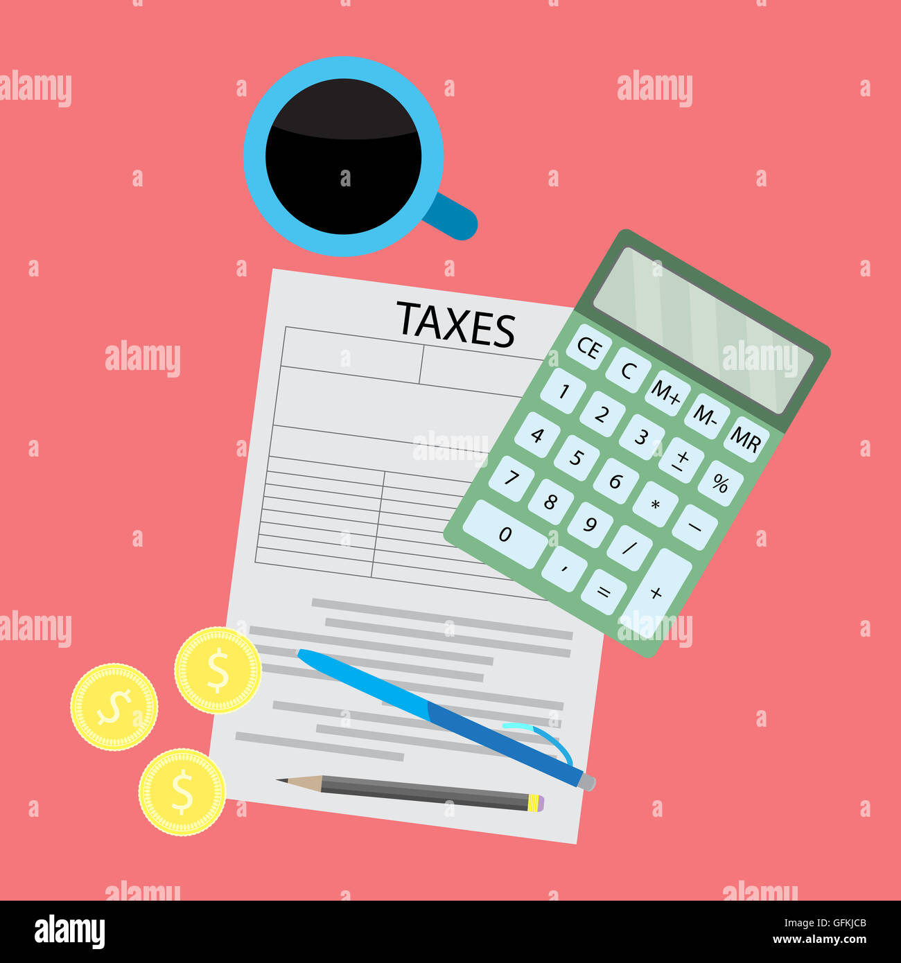 Steuer Tag flach Konzept. Steuerformular mit Kaffee und Taschenrechner. Vektor-Illustration flach Stockfoto