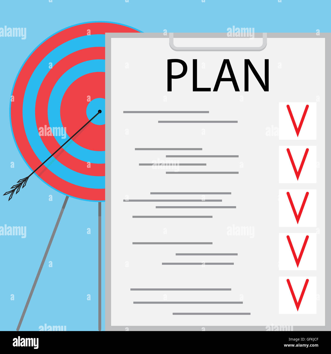 Plan wird ausgeführt, Ziel erreicht. Ziel und Bullseye, Dartscheibe und Stiere Auge Ziel. Vektor-illustration Stockfoto