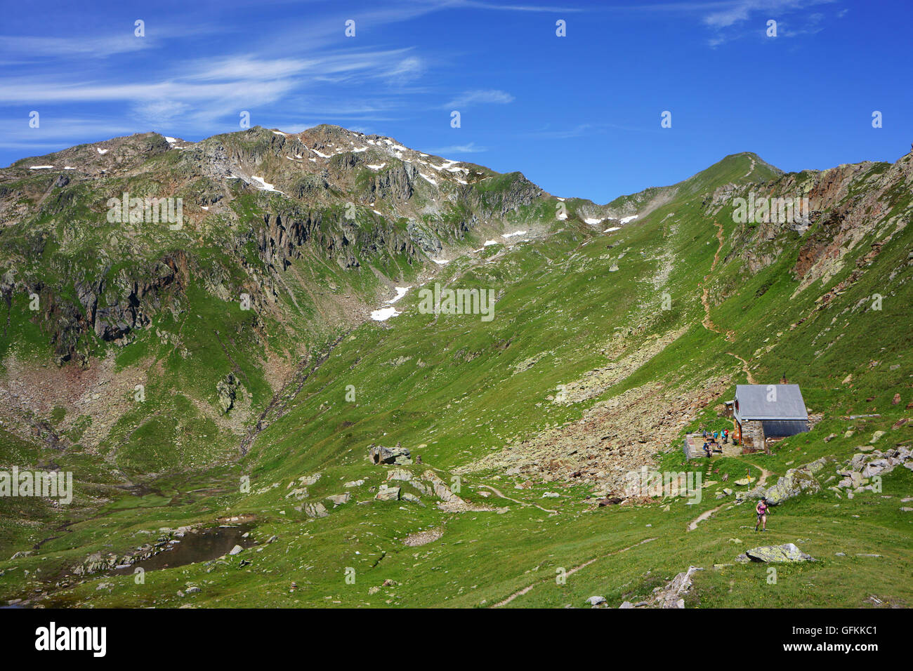 Gebirge wo Rhein, mit Mt., Rossbodenstock, Martschallücke Badushütte beginnt, Badus Hütte, Graubünden, Schweiz Stockfoto