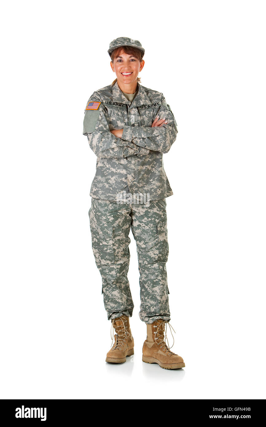 Serie mit einer Frau als eine solidier in United States Army Uniform.  Zahlreiche Requisiten vermitteln eine Vielzahl von Konzepten.  Isoliert auf Stockfoto