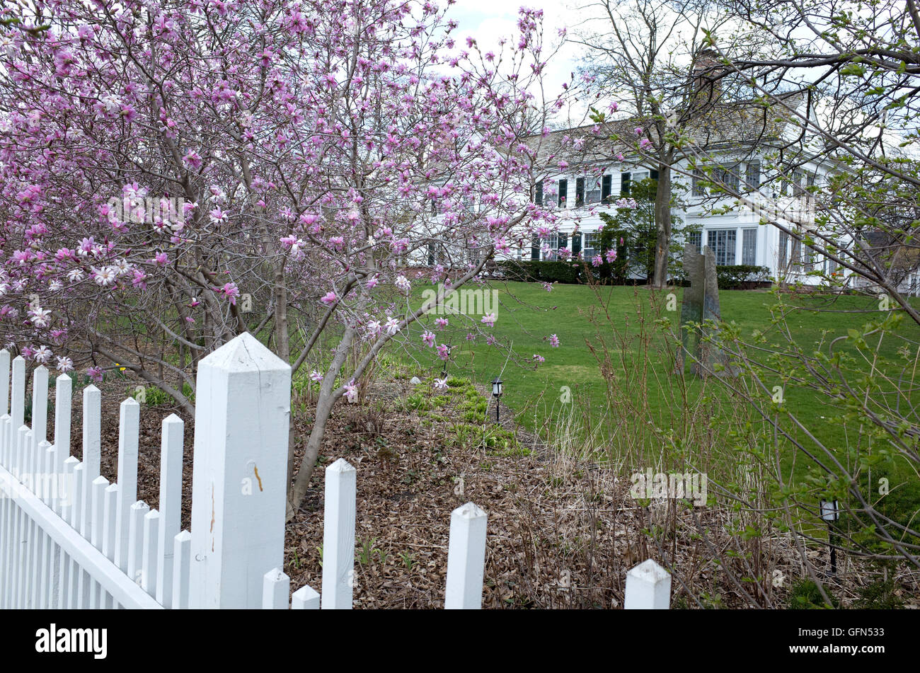 Eastcliff Residenz des Präsidenten der University of Minnesota umgeben von Lattenzaun & lila Gebüsch St.Paul Minnesota MN USA Stockfoto