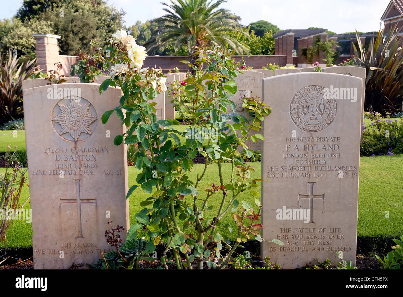 Anzio, Latium, Italien. Die WWII britische Soldatenfriedhof von Anzio. Das Grab eines Soldaten, der im Alter von 19 Jahren gestorben. Es enthält 1,056 Commonwealth Bestattungen des Zweiten Weltkrieges 1.053 Britische, Kanadische, Neuseeländer und Südafrikanischen. Am 22. Januar 1944, die Alliierten versuchten, die Gustav Linie zu brechen: Sie landete hinter die deutschen Linien, mit Blick auf den starken Widerstand des Feindes. Die Lage des zweiten Weltkriegs britische Soldatenfriedhof von Anzio wurde kurz danach ausgewählt, die Gräber Datum zurück zu den Tagen, dass die Landung gefolgt. Stockfoto