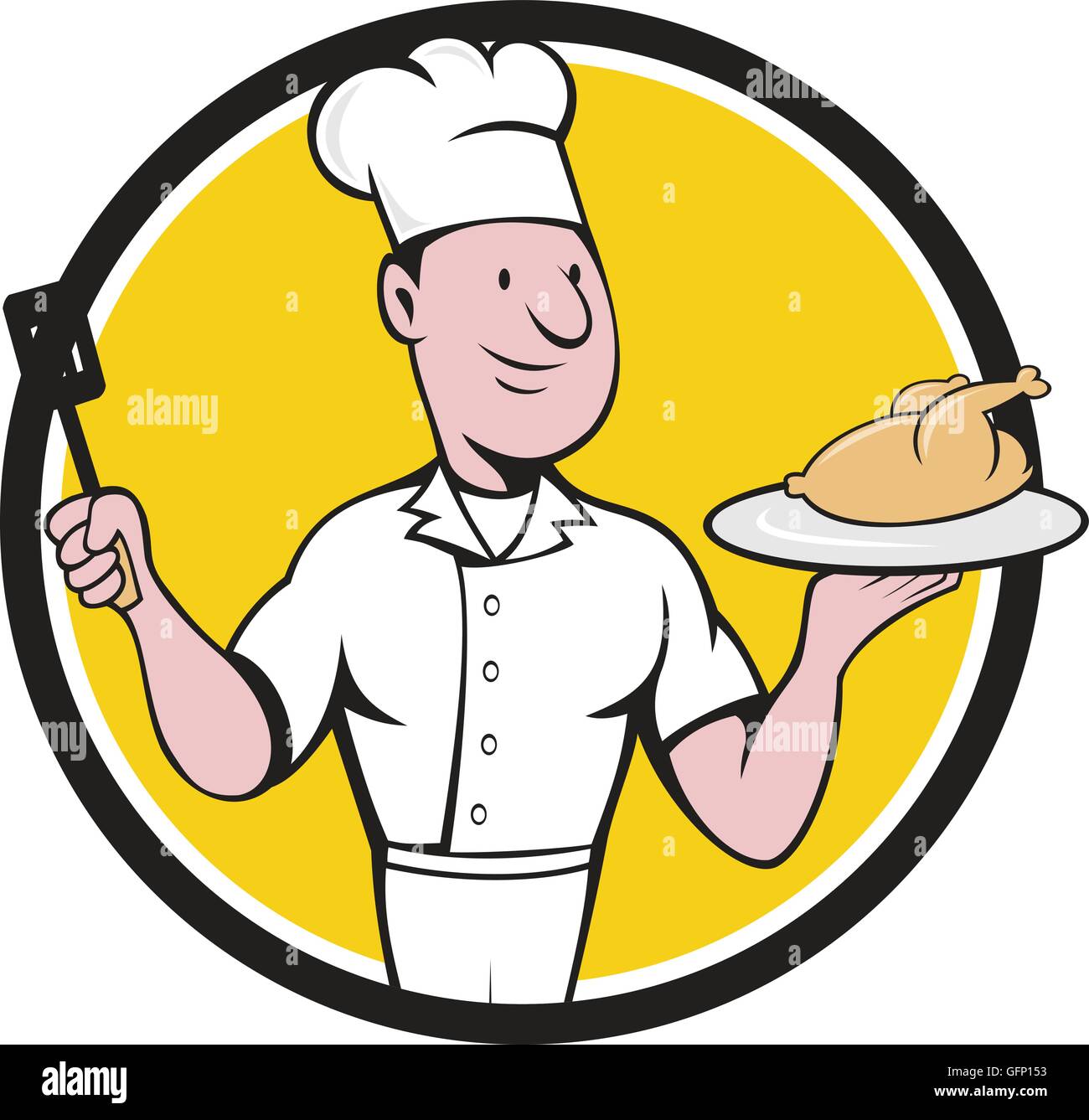 Abbildung eines Küchenchefs Kochen servieren Brathähnchen auf einer Platte einerseits und mit einem Spatel auf der anderen Seite betrachtet, von vorne im inneren Kreis auf isolierte Hintergrund getan im Cartoon-Stil festgelegt. Stock Vektor