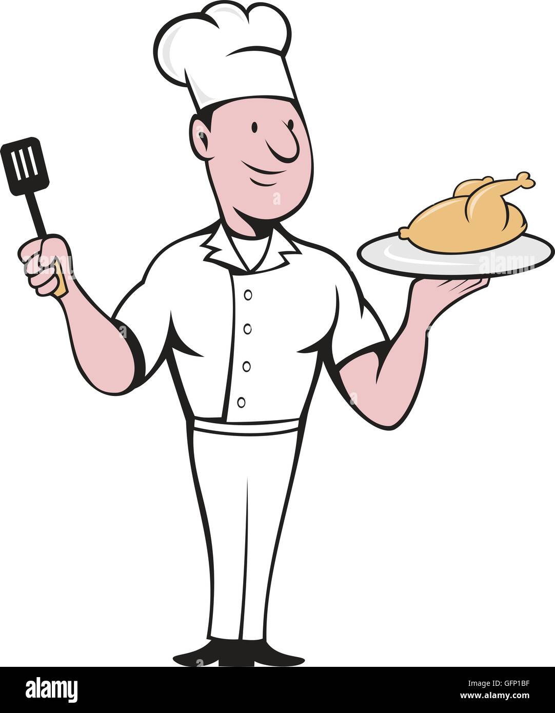 Abbildung eines Küchenchefs Kochen stehen Portion gebratenes Huhn auf einer Platte einerseits und mit einem Spatel auf der anderen Seite betrachtet, von vorne am isolierten weißen Hintergrund im Cartoon-Stil gemacht. Stock Vektor